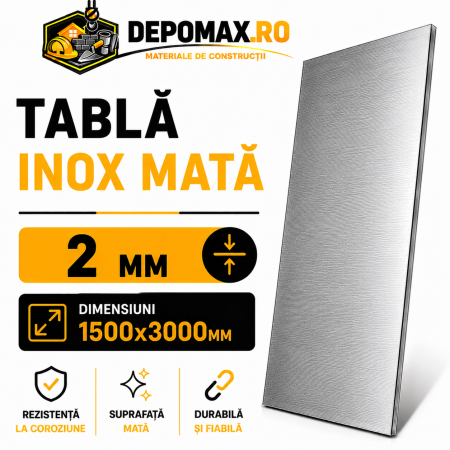 Tabla inox mata AISI 304 2B, 2 x 1500 x 3000 mm, 4.5 mp